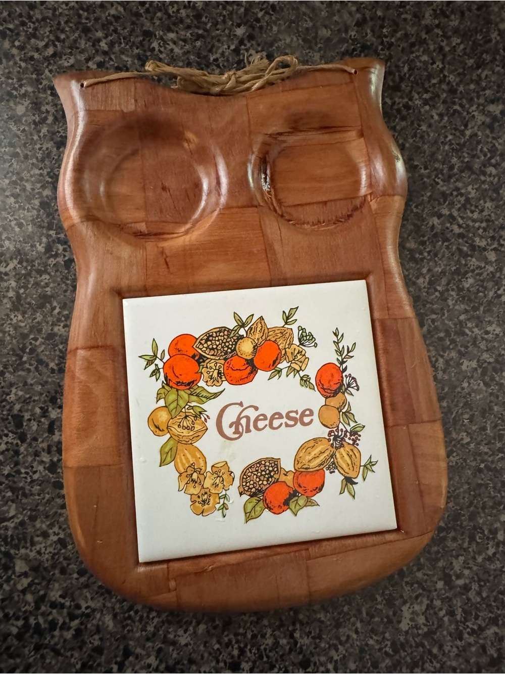 Vintage 1970s Wood Cheese Serving Board With Ceramic Tile - Orange & Brown